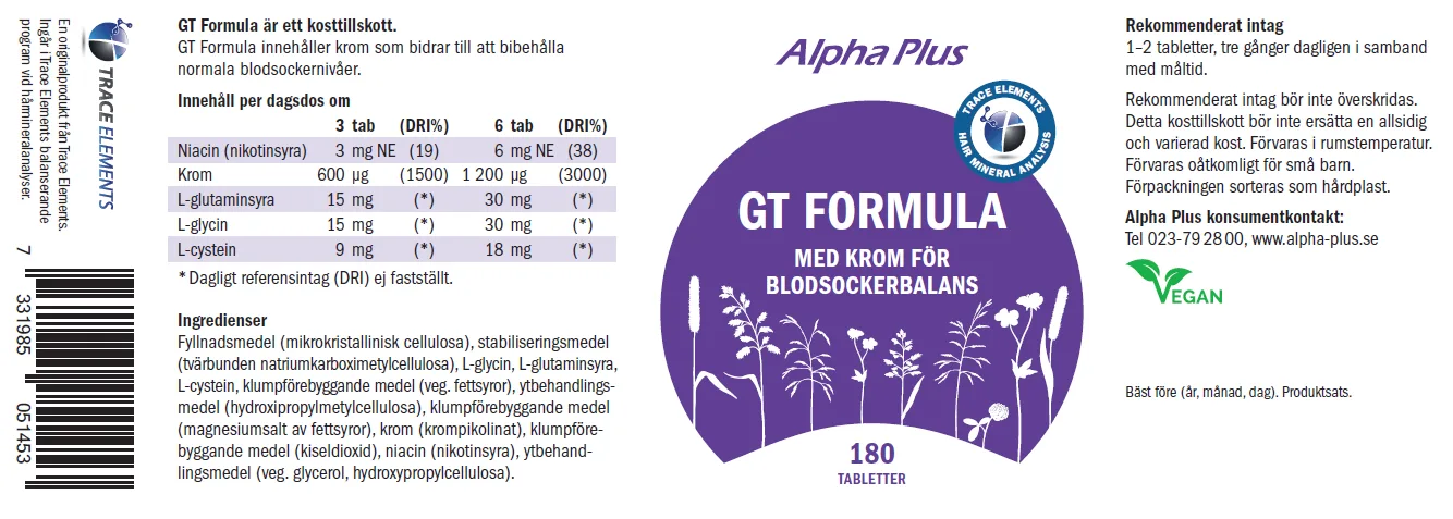 Innehåll, ingredienser och dosering för GT Formula