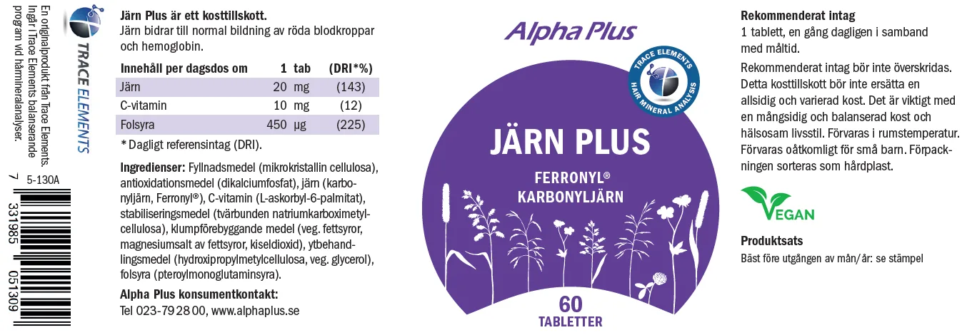 Innehåll, ingredienser och dosering för Järn Plus