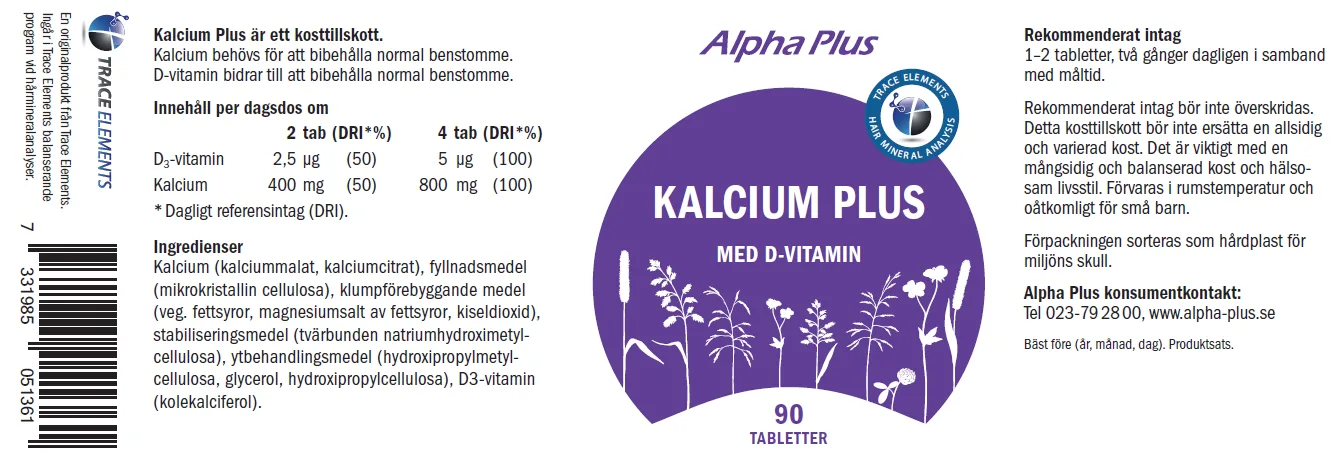 Innehåll, ingredienser och dosering för Kalcium Plus