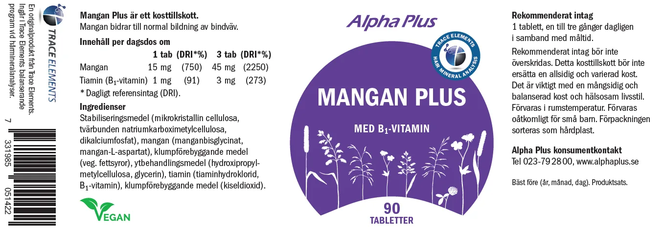 Innehåll, ingredienser och dosering för Mangan Plus
