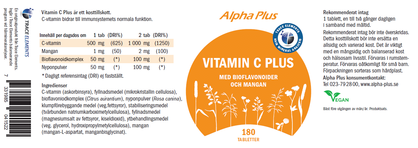 Innehåll, ingredienser och dosering för Vitamin C Plus