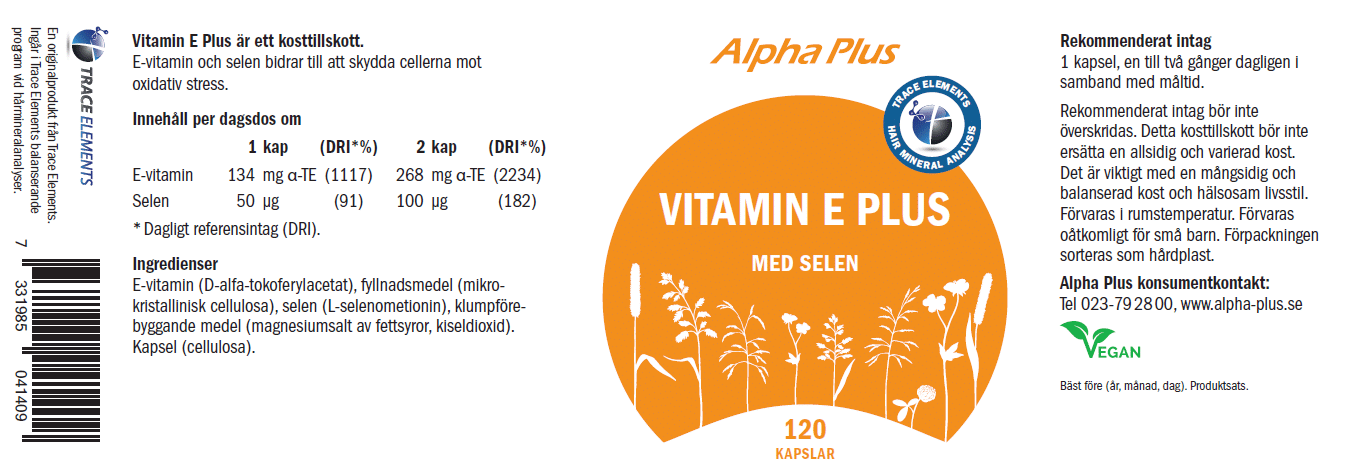 Innehåll, ingredienser och dosering för Vitamin E Plus