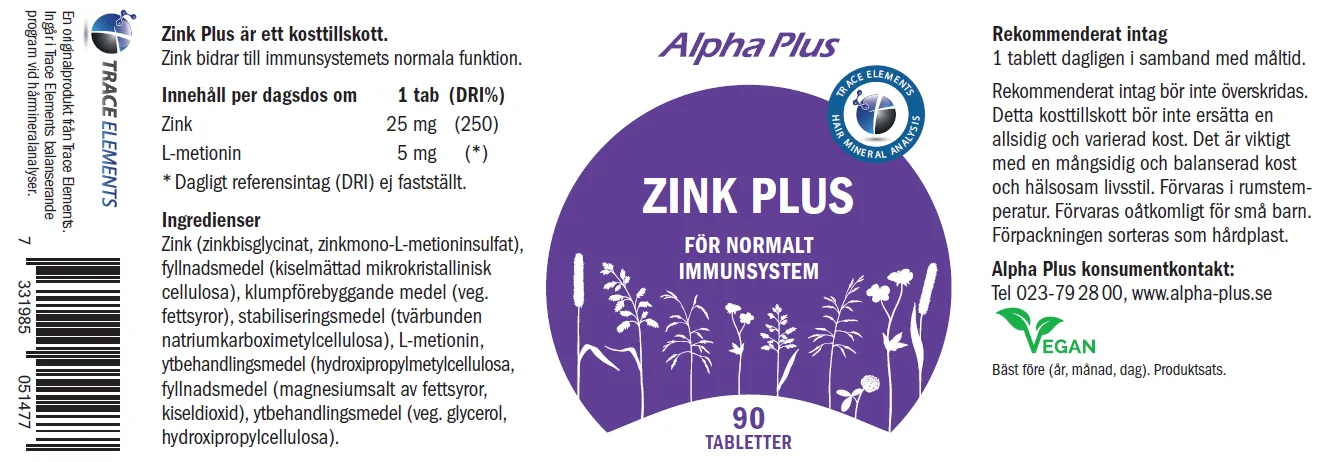 Innehåll, ingredienser och dosering för Zink Plus