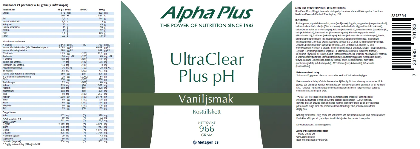 Innehåll, ingredienser och dosering för UltraClear Plus pH