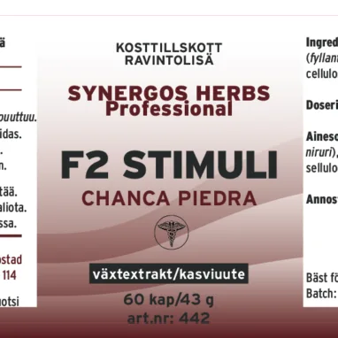 Innehåll, ingredienser och dosering för F2 Stimuli Chanca Piedra