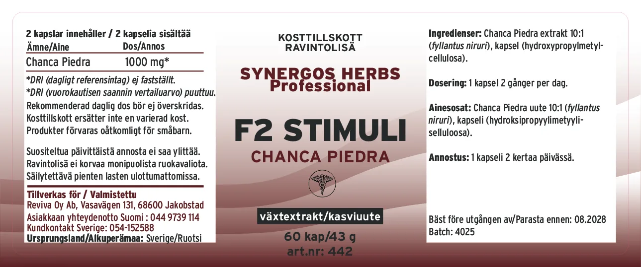 Innehåll, ingredienser och dosering för F2 Stimuli Chanca Piedra