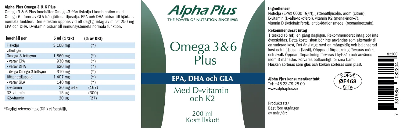 Innehåll, ingredienser och dosering för Omega 3 & 6 Plus