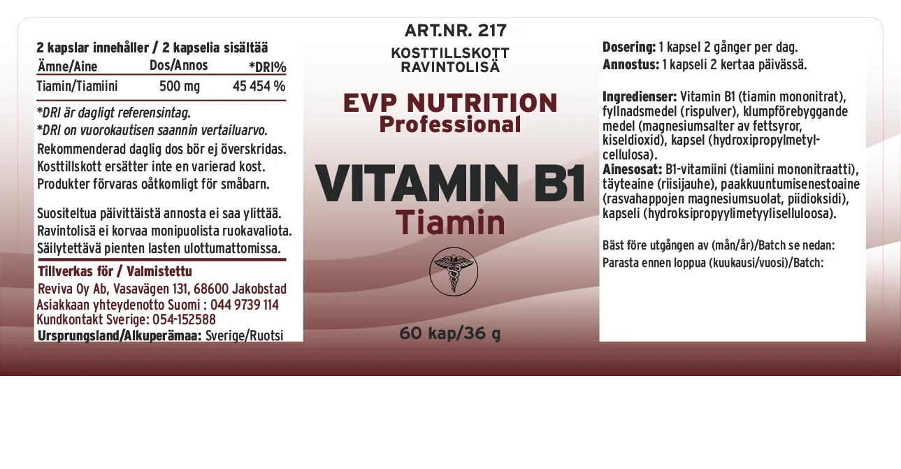 Innehåll, ingredienser och dosering för Vitamin B1 Tiamin