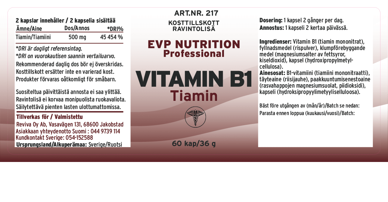 Innehåll, ingredienser och dosering för Vitamin B1 Tiamin