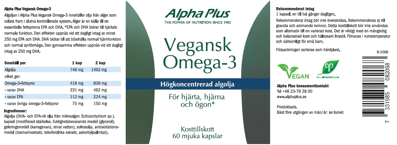 Innehåll, ingredienser och dosering för Vegansk Omega-3