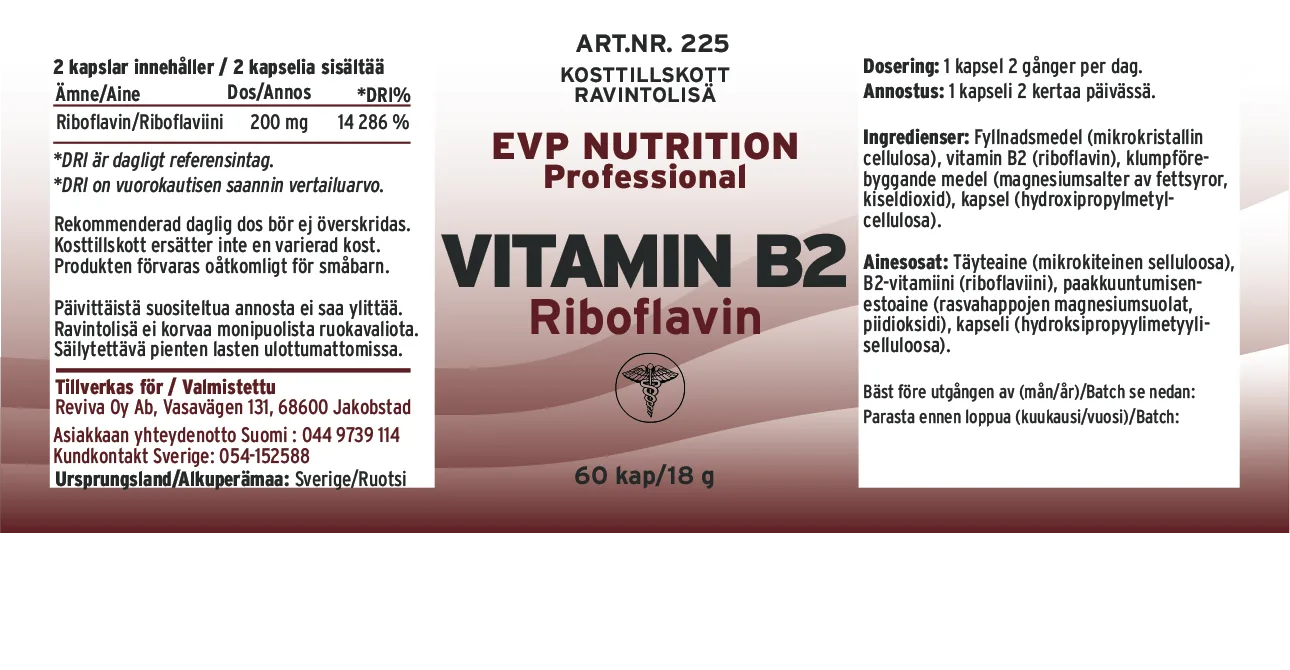 Innehåll, ingredienser och dosering för Vitamin B2 Riboflavin