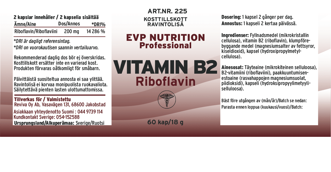 Innehåll, ingredienser och dosering för Vitamin B2 Riboflavin