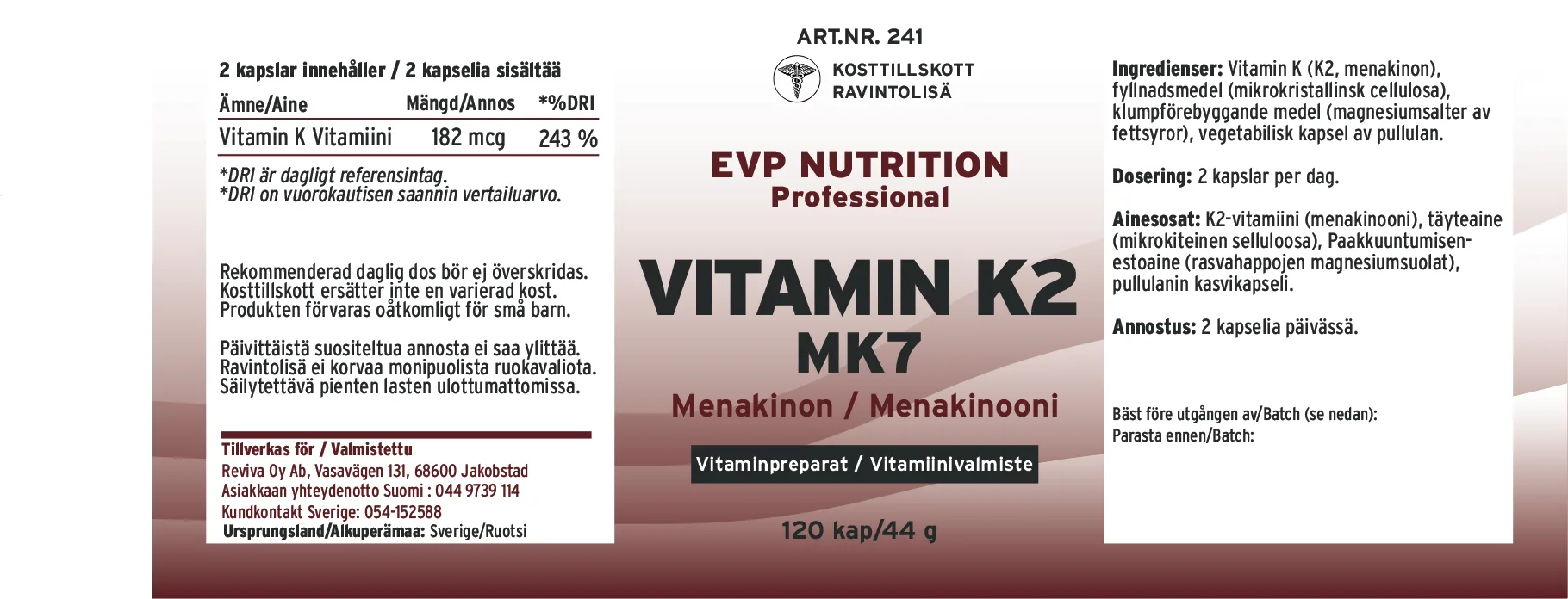 Innehåll, ingredienser och dosering för Vitamin K2 MK7