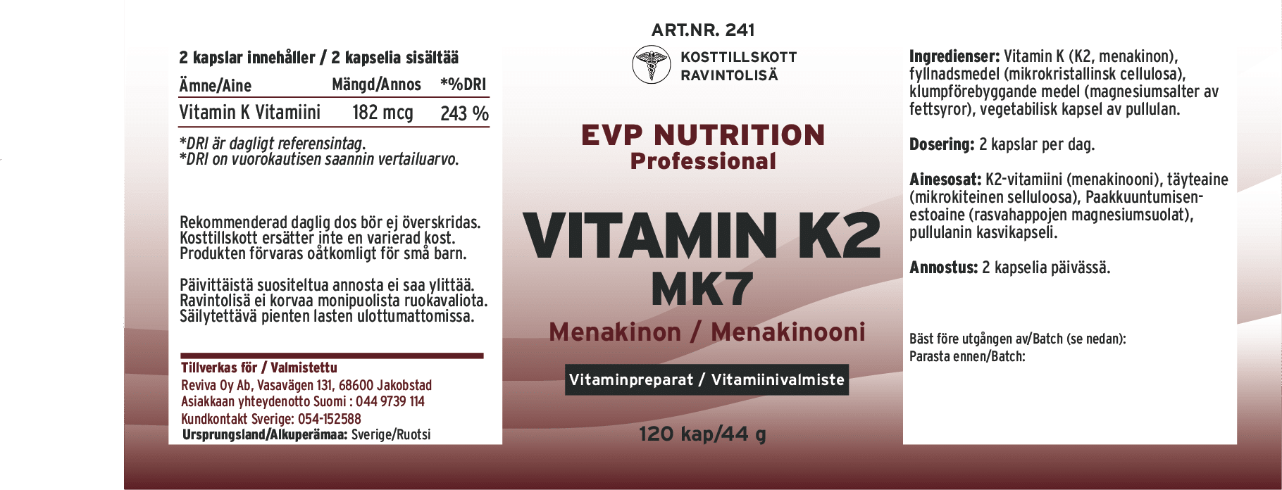 EVP Nutrition Vitamin K2 MK7 120 kapslar - Bild 2