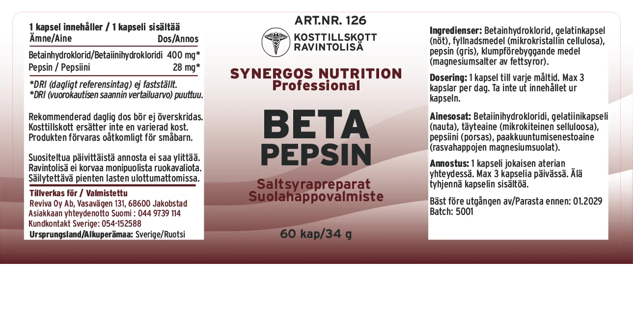 Innehåll, ingredienser och dosering för BETA Pepsin