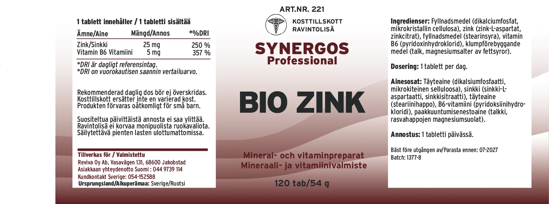 Innehåll, ingredienser och dosering för Bio Zink