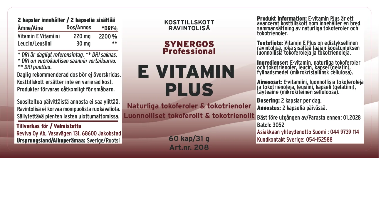 Innehåll, ingredienser och dosering för E-vitamin Plus