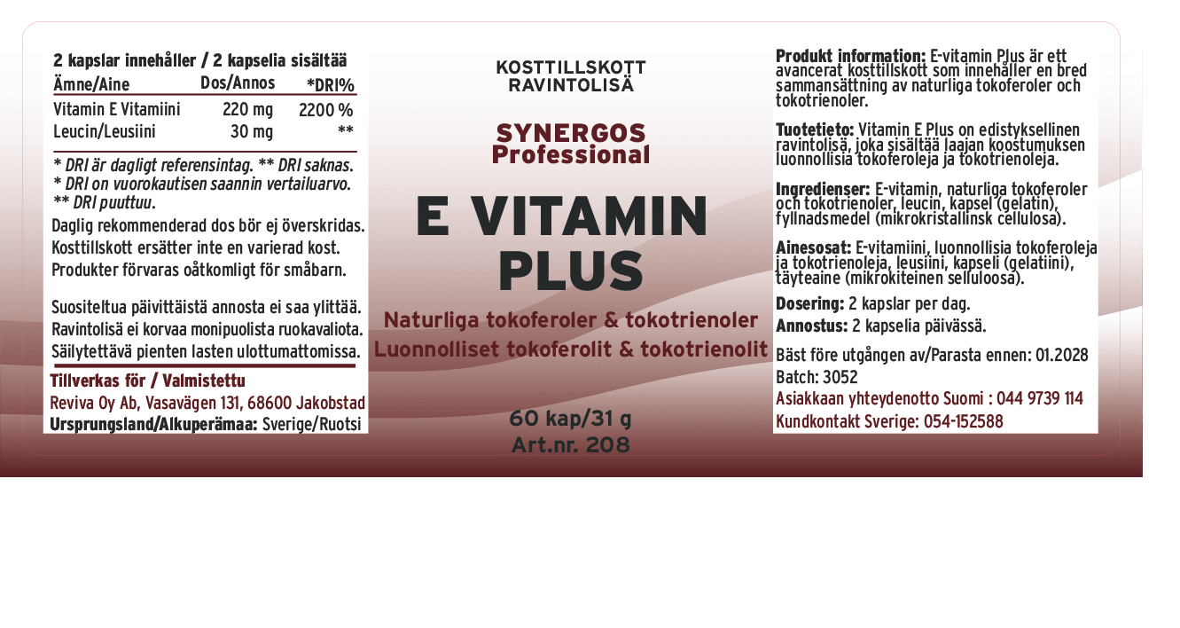 Innehåll, ingredienser och dosering för E-vitamin Plus
