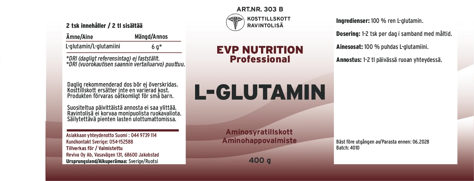 Innehåll, ingredienser och dosering för L-Glutamin 400 gram