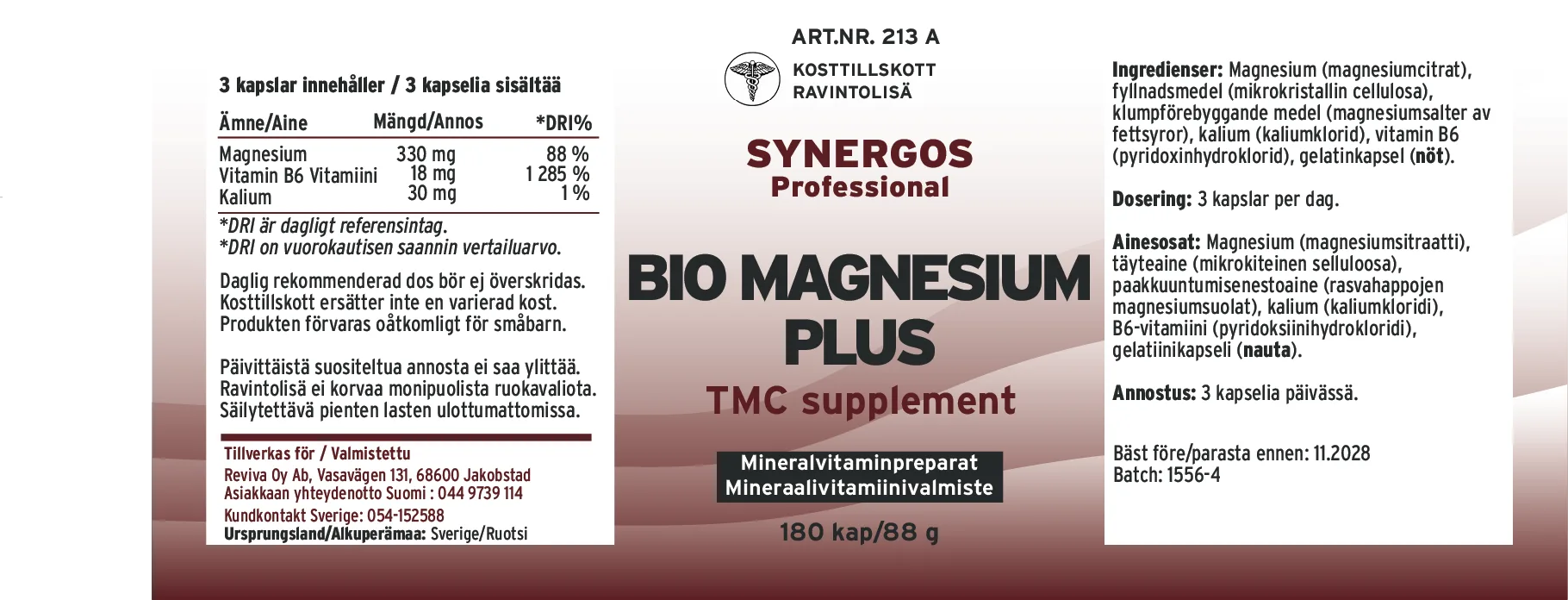 Innehåll, ingredienser och dosering för Bio Magnesium Plus 180 kapslar