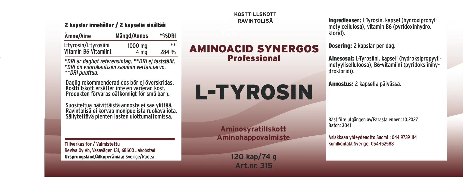 Innehåll, ingredienser och dosering för L-Tyrosin