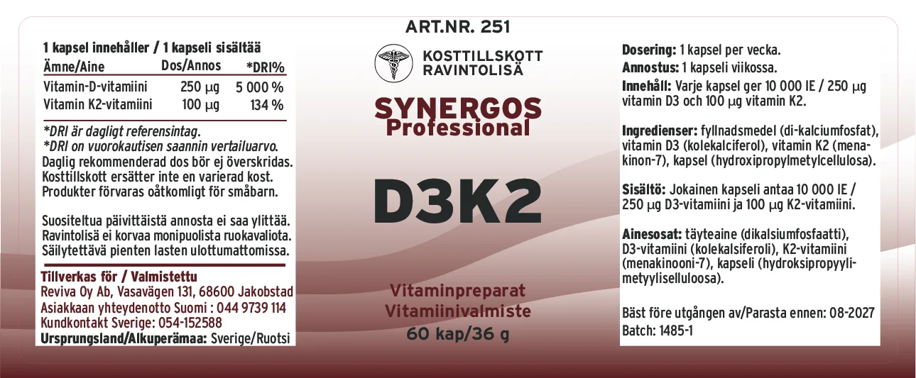Innehåll, ingredienser och dosering för D3K2 10000 IE