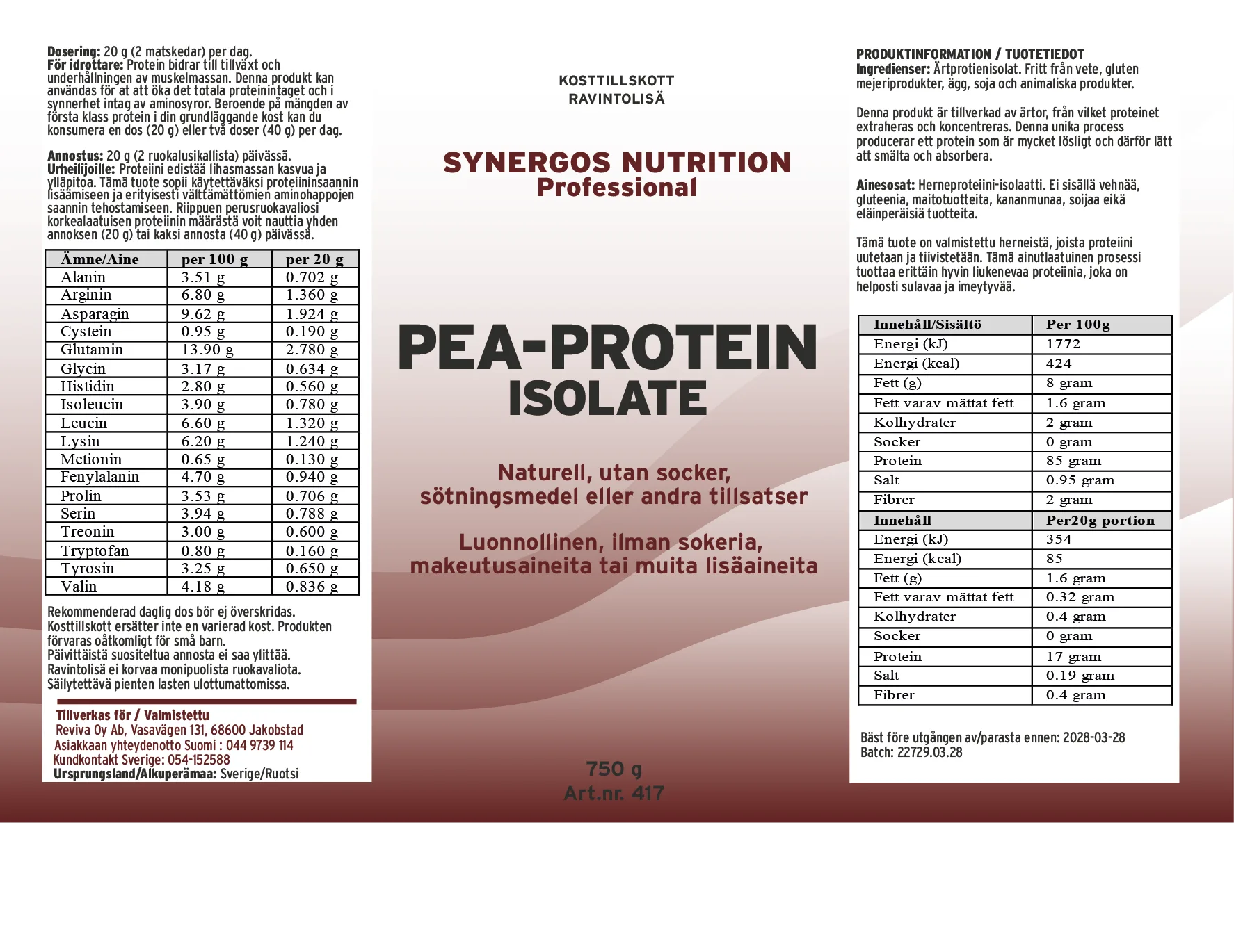 Innehåll, ingredienser och dosering för Pea-Protein Isolat