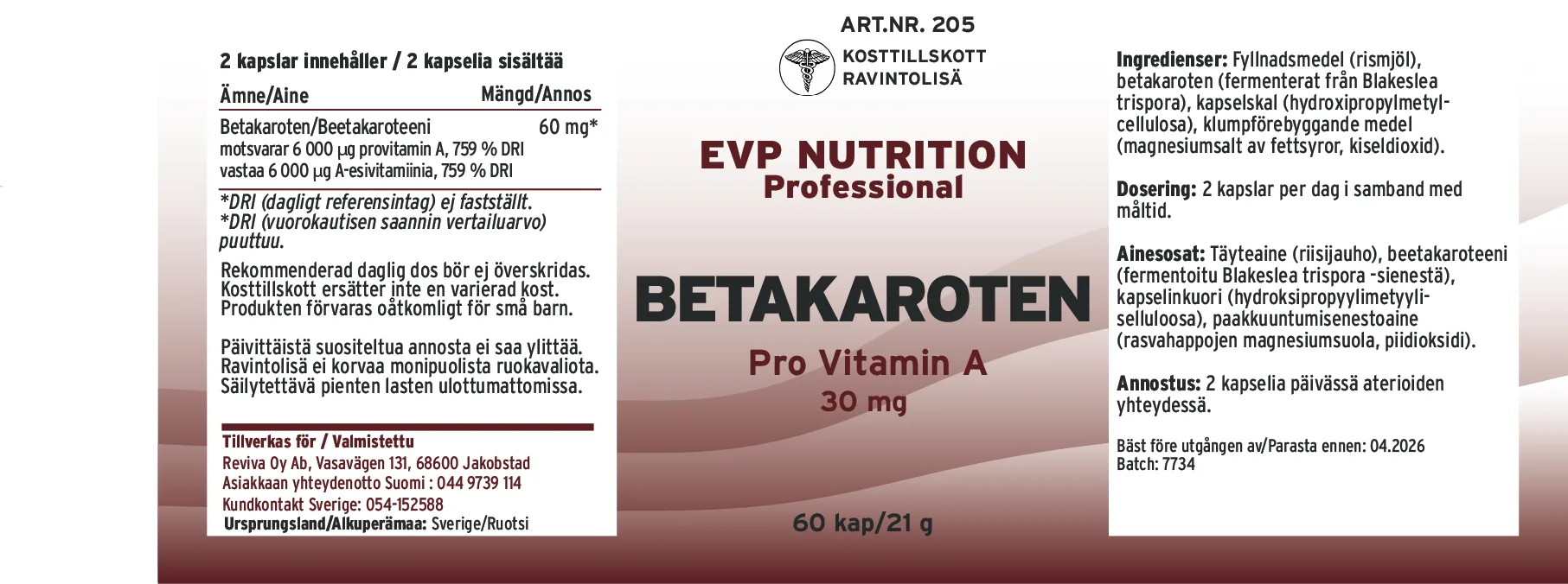 Innehåll, ingredienser och dosering för Betakaroten