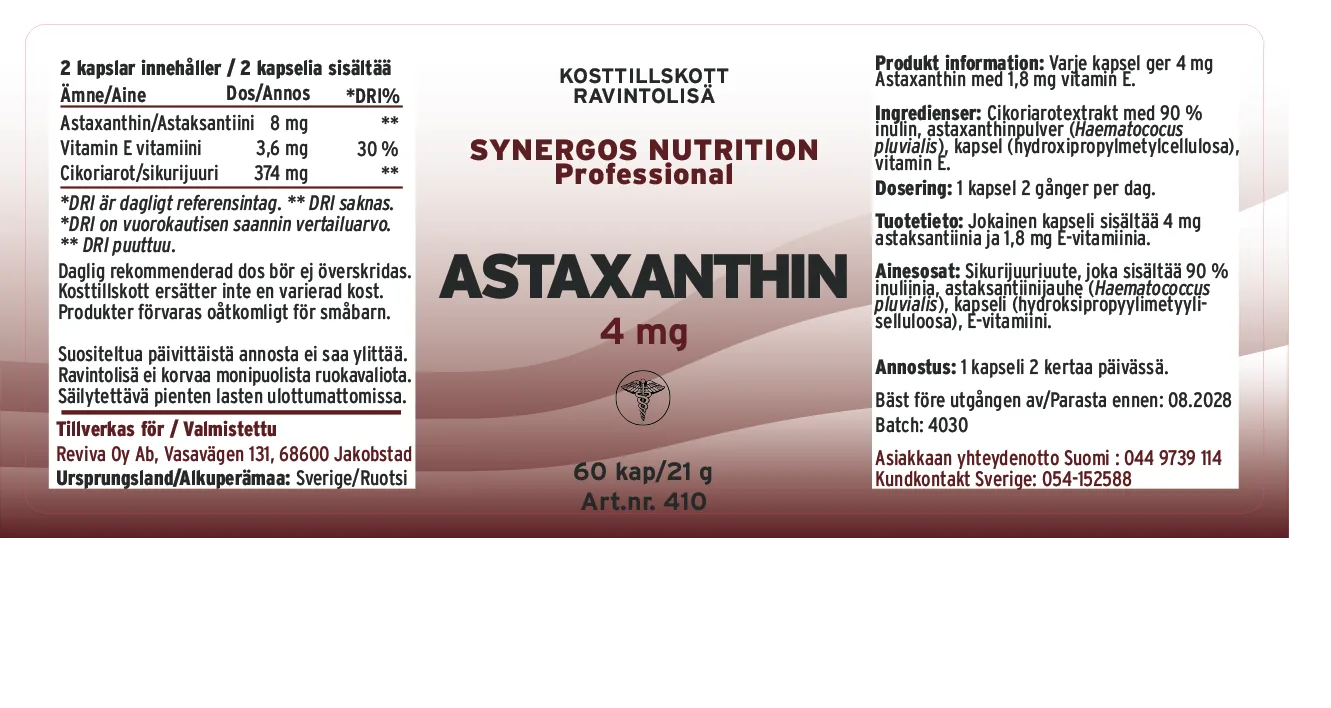 Innehåll, ingredienser och dosering för Astaxanthin