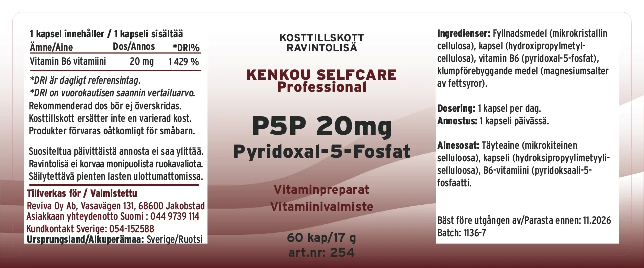 Innehåll, ingredienser och dosering för P5P 20 mg