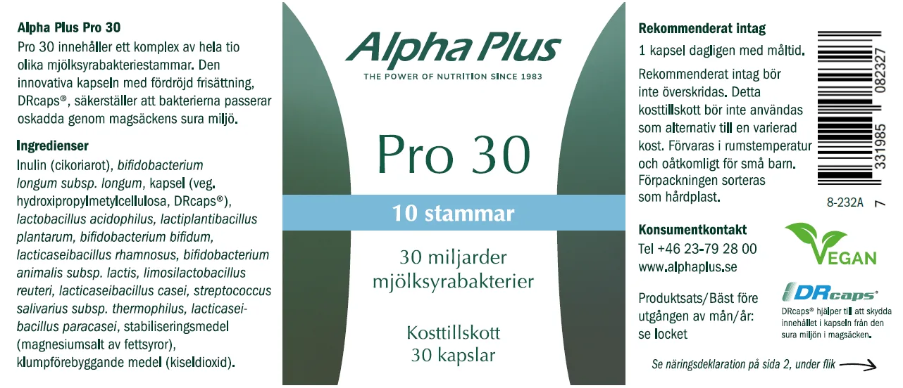 Innehåll, ingredienser och dosering för Pro 30