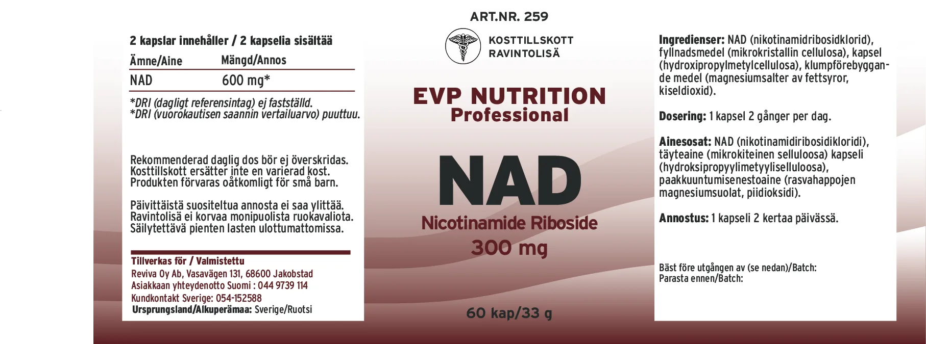 Innehåll, ingredienser och dosering för NAD
